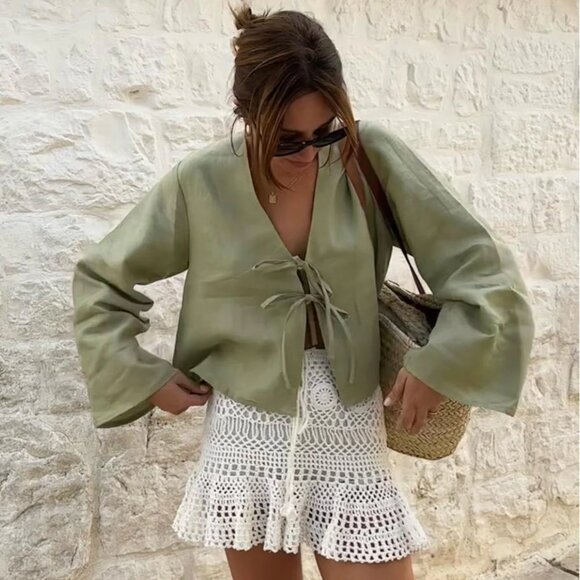 NWT Commense Oversized Long Tie-Front Sleeve Blouse, Large - Picture 1 of 6